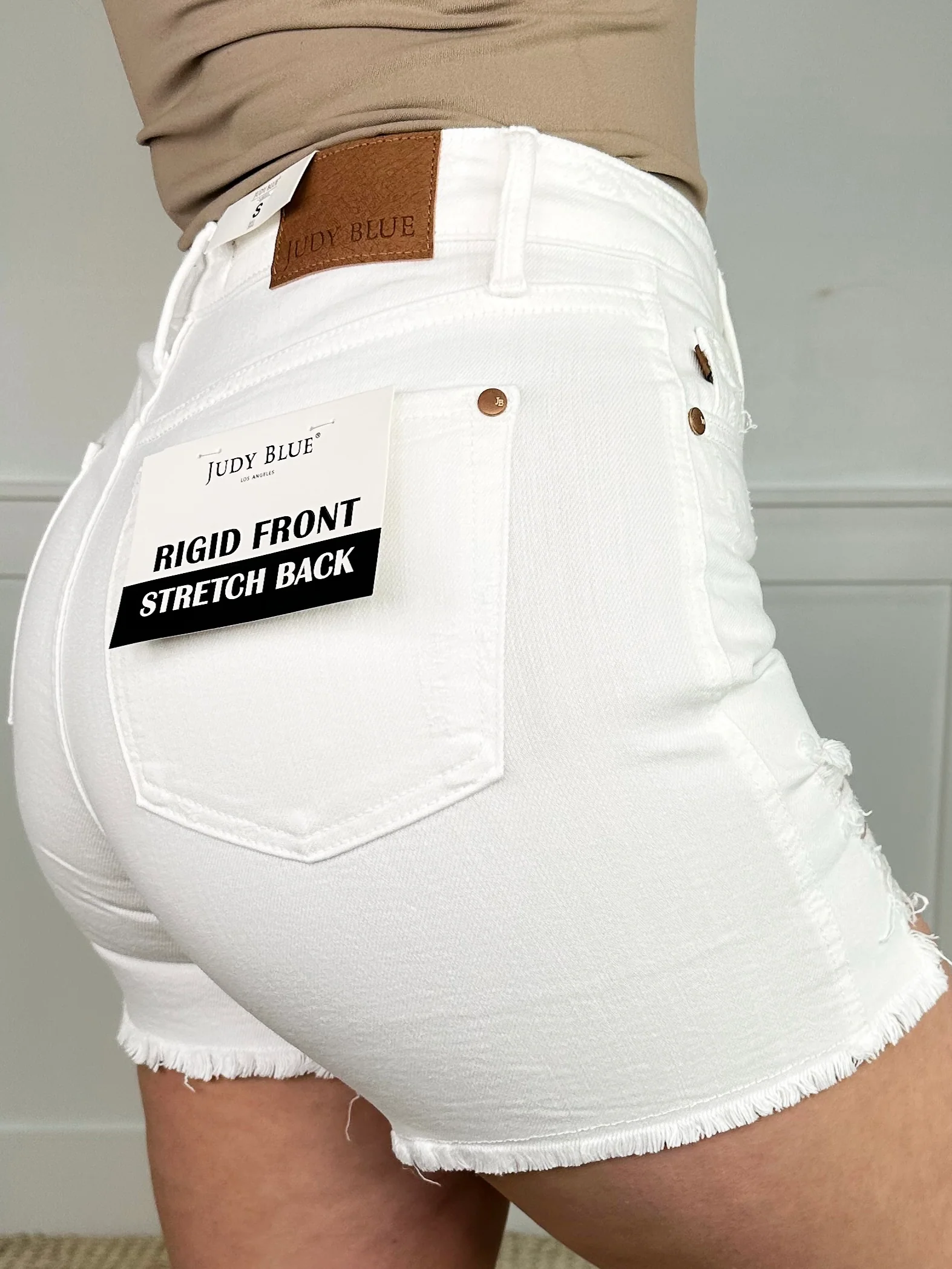 Judy Blue Amber High-Rise Denim Shorts – White (Rigid Magic, Distressed) - Image 7